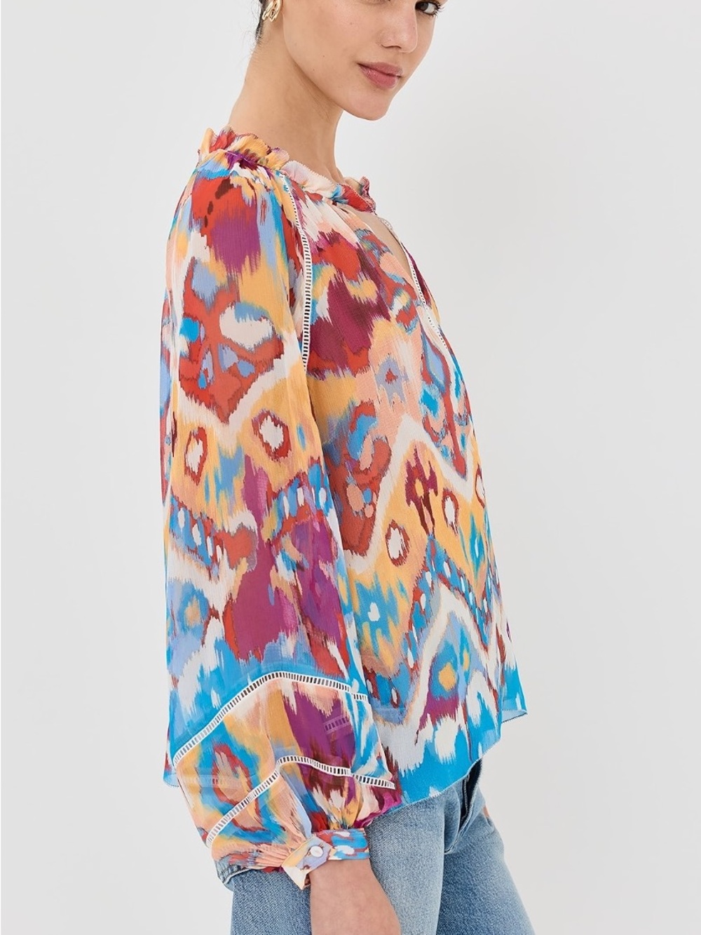 Figue Luz Silk Blouse V Neck Watercolor Colorful Print Womens size XLarge - Picture 5 of 16